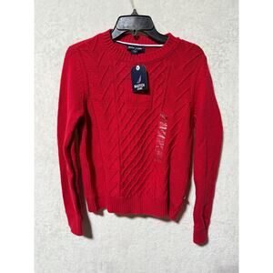 Nautica Jeans Womens Red Anchor Cable Knit Crewneck Sweater Size S *NWT